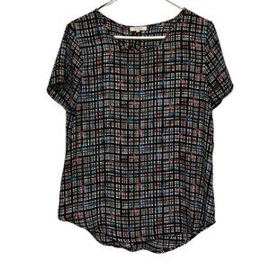 Women's Pleoine Scoop Neck Black Multicolor Grid Checkers S/S Pullover Blouse
